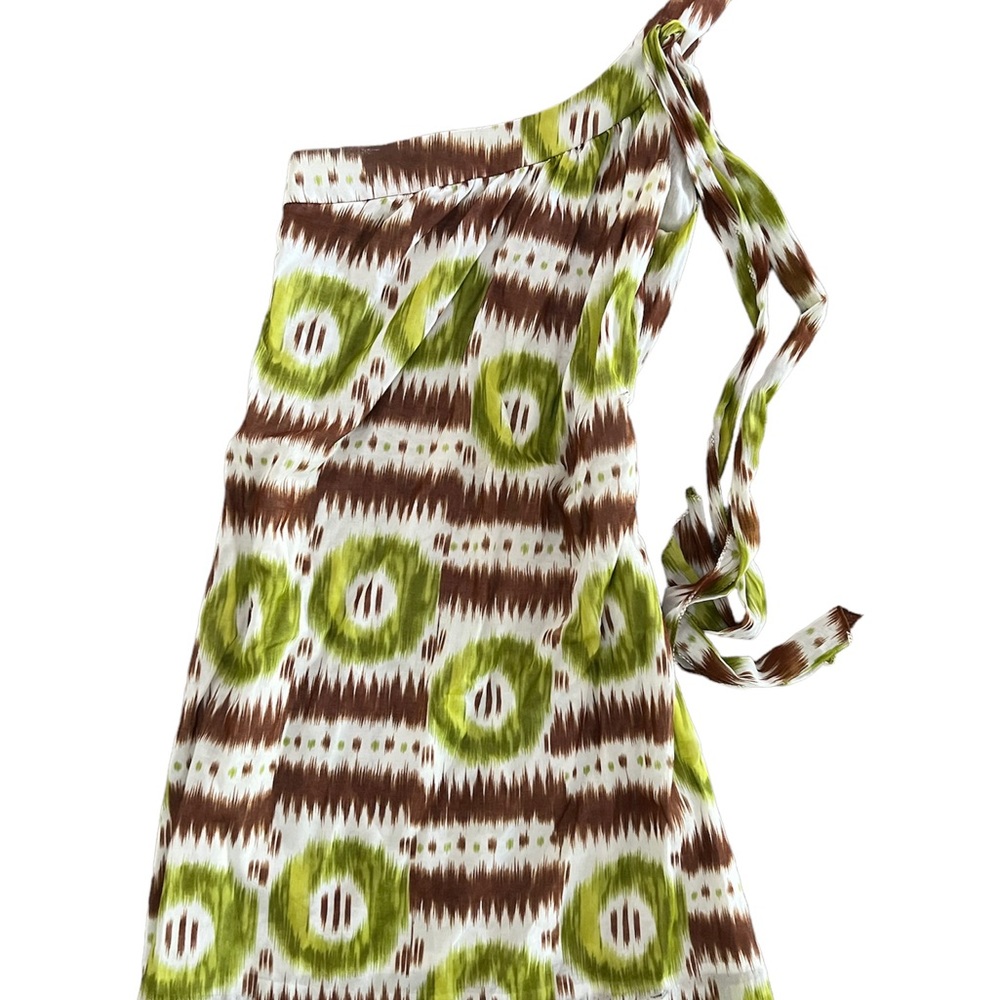 Trina Turk size 2 one shoulder short dress, EUC, green & brown, side zipper